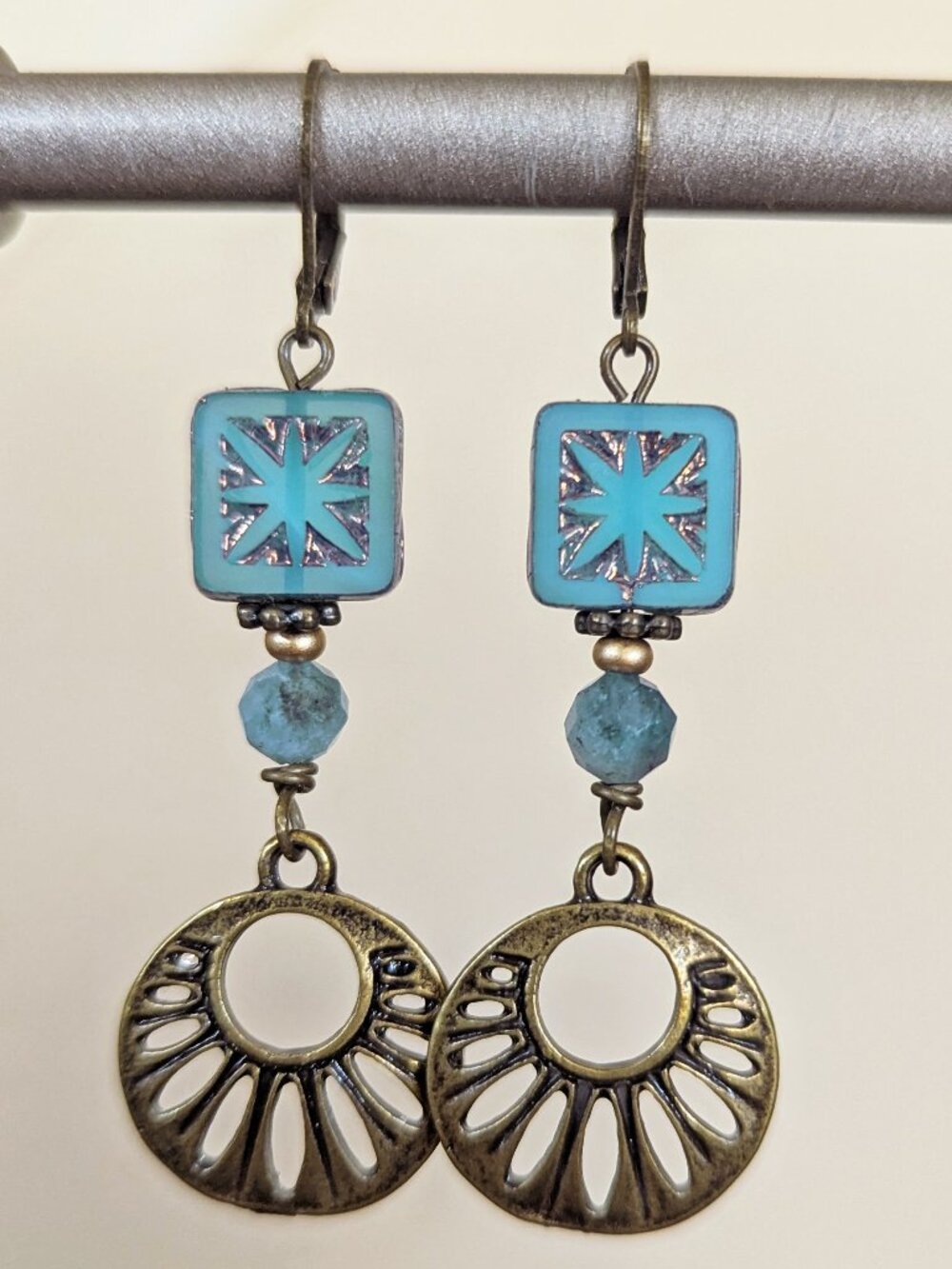 Boho Sky Blue Gold Aquamarine Star Dangle Earrings